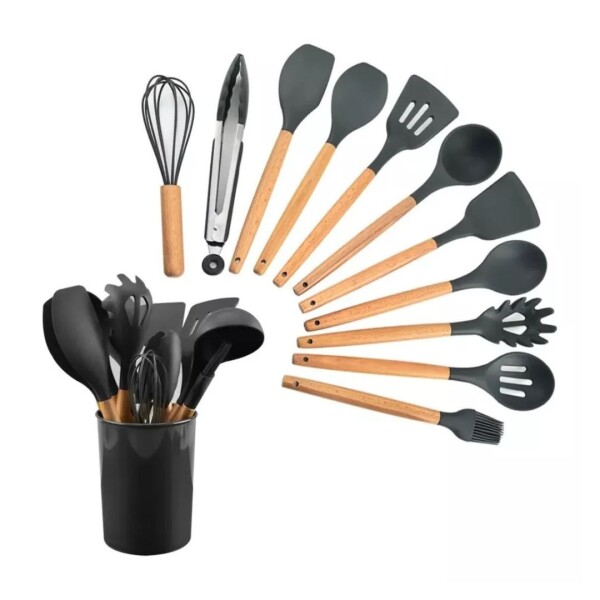 JUEGO 11 PIEZAS MENAGE SILICONA MANGO MADERA NEGRO