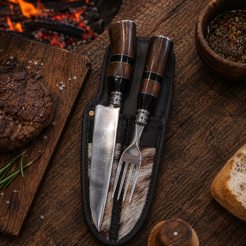 Set de Asado Artesanal - Cuchillo y Tenedor Parrillero con Madera y Guampa N°6 Set de Asado Artesanal - Cuchillo y Tenedor Parrillero con Madera y Guampa N°6