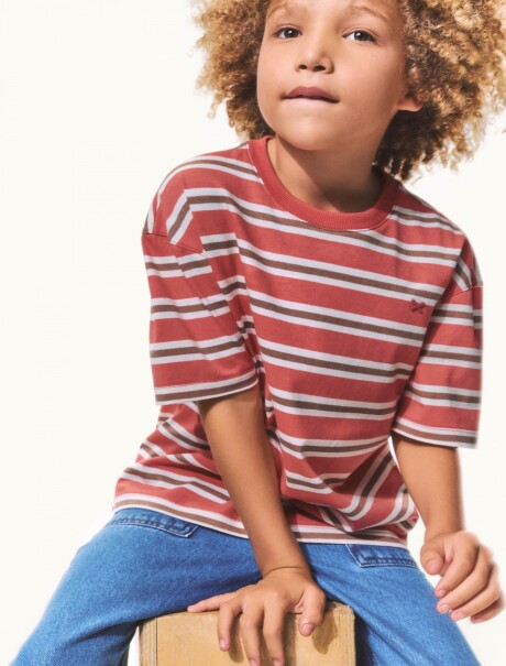 CAMISETA INDANTIL MANGA CORTA DE RAYAS ROJO