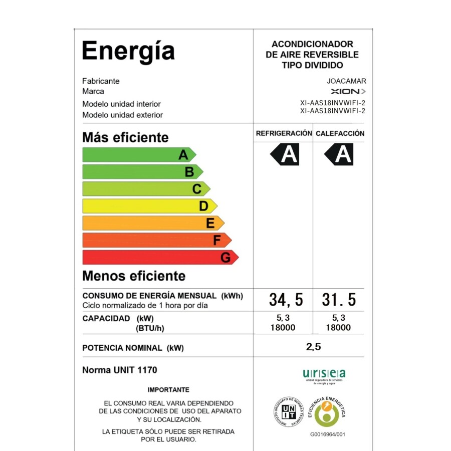 Aire acondicionado inverter con WIFI 18000 btu XION XI-AAS18INVWIFI-2 Aire acondicionado inverter con WIFI 18000 btu XION XI-AAS18INVWIFI-2