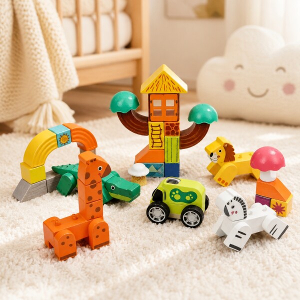 Juego Bloques Jungla Encastre Madera Animales Top Bright Naranja 1
