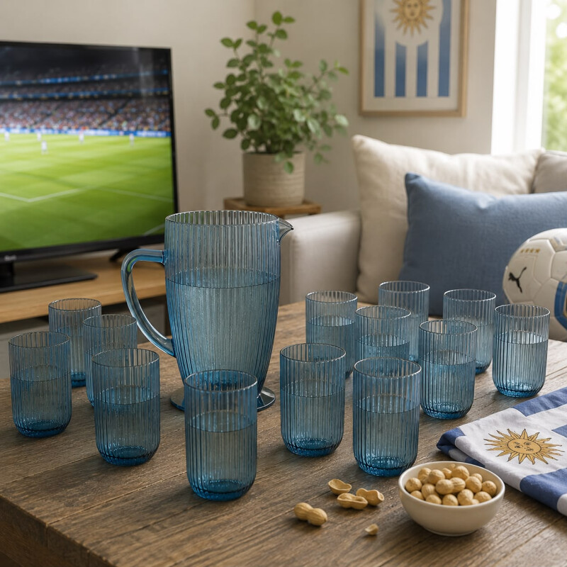 Combo Varela Jarra Labrada Line Azul Y Set de 12 Vasos labrado Line Azul Combo Varela Jarra Labrada Line Azul Y Set de 12 Vasos labrado Line Azul