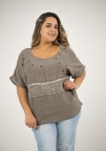 Blusa 100% lino Con strass bordado y lentejuelas Visón