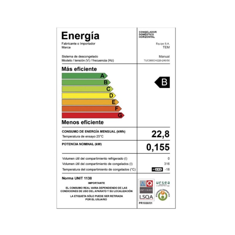 Freezer Horizontal TEM 316Lts TUC360CH Freezer Horizontal TEM 316Lts TUC360CH
