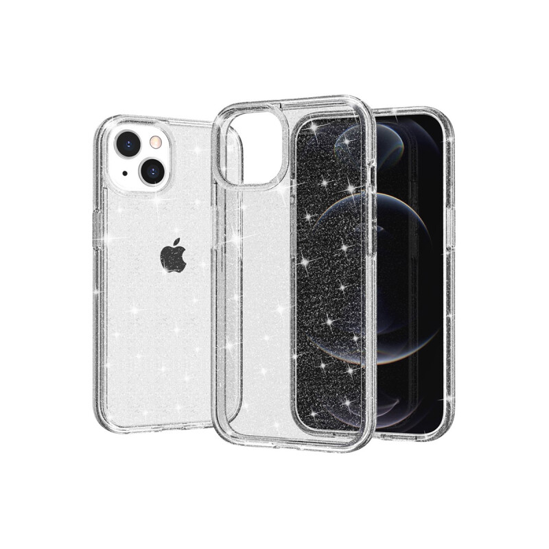 Protector rígido iPhone 15 transparente gris con brillos Protector Rígido Iphone 15 Transparente Gris Con Brillos