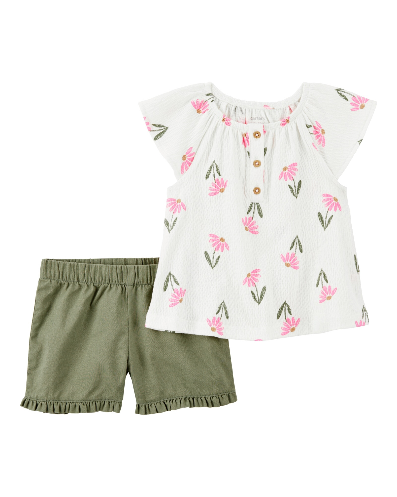 Set dos piezas, short de algodón y blusa de jersey arrugado, diseño floral Sin color