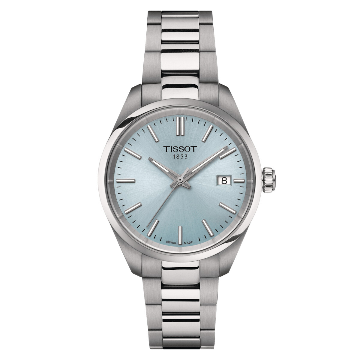 Reloj Tissot PR 100 de acero con esfera celeste. 