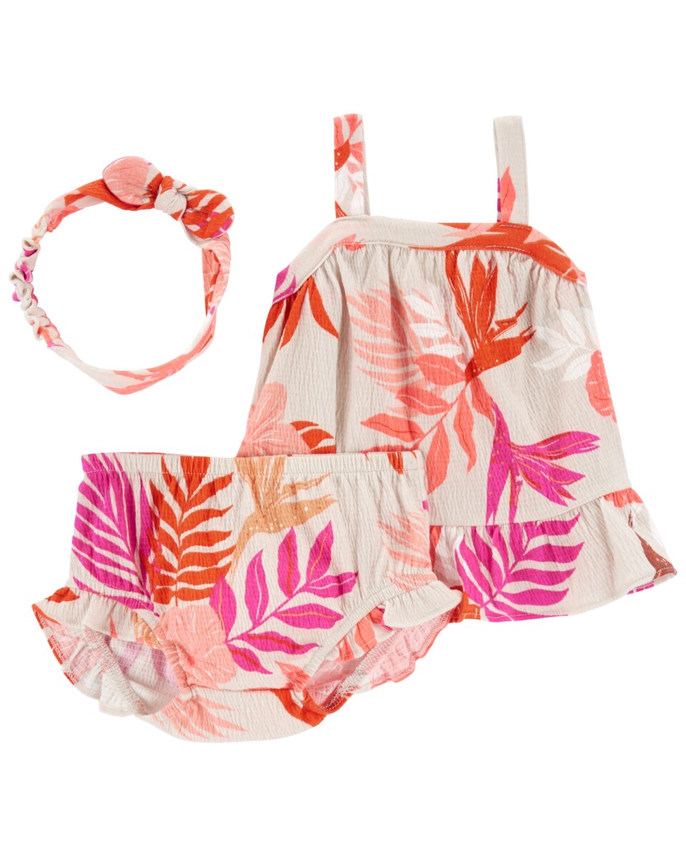 Set tres piezas de jersey arrugado, short, musculosa y vincha diseño floral 