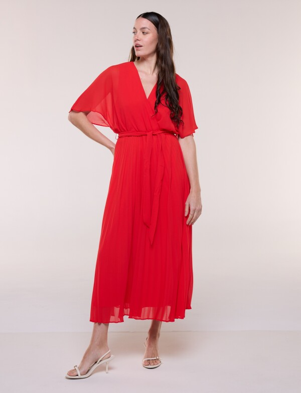 Vestido Noche Plisado Lazo ROJO