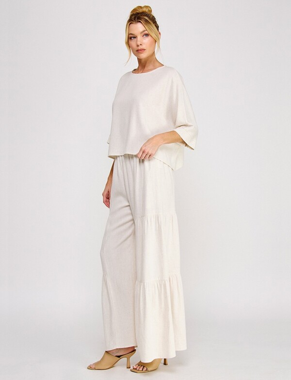 Blusa Crop De Lino Manga Kimono BEIGE CLARO