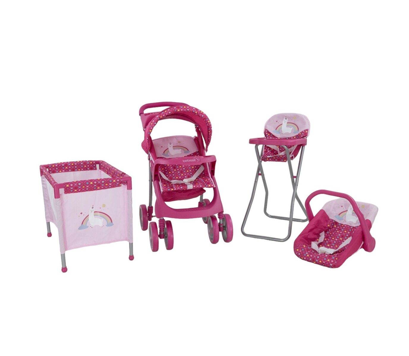 Coche de Muñeca set 4 piezas - rosa con gris 