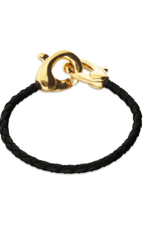 PULSERA DE CUERO NEGRO CON MOSQUETÓN ENTRELAZADO BAÑADO EN ORO 18K Pulsera