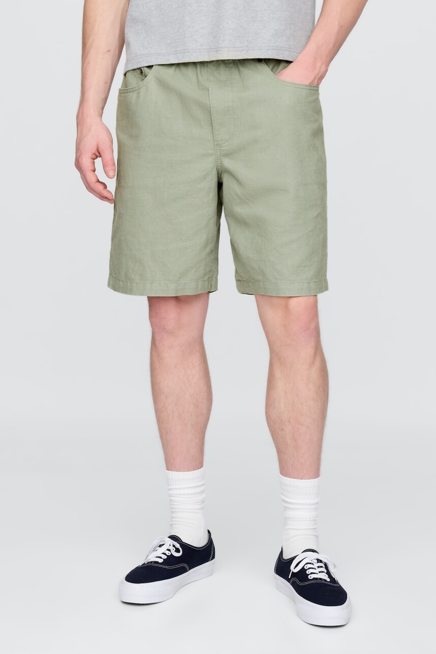 Short De Lino Con Elástico Hombre Gasoline Green