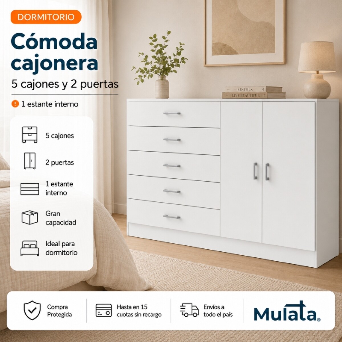 Cómoda Cajonera para Dormitorio de 5 Cajones 2 Puertas y 1 Estante interno - FE - Blanco 