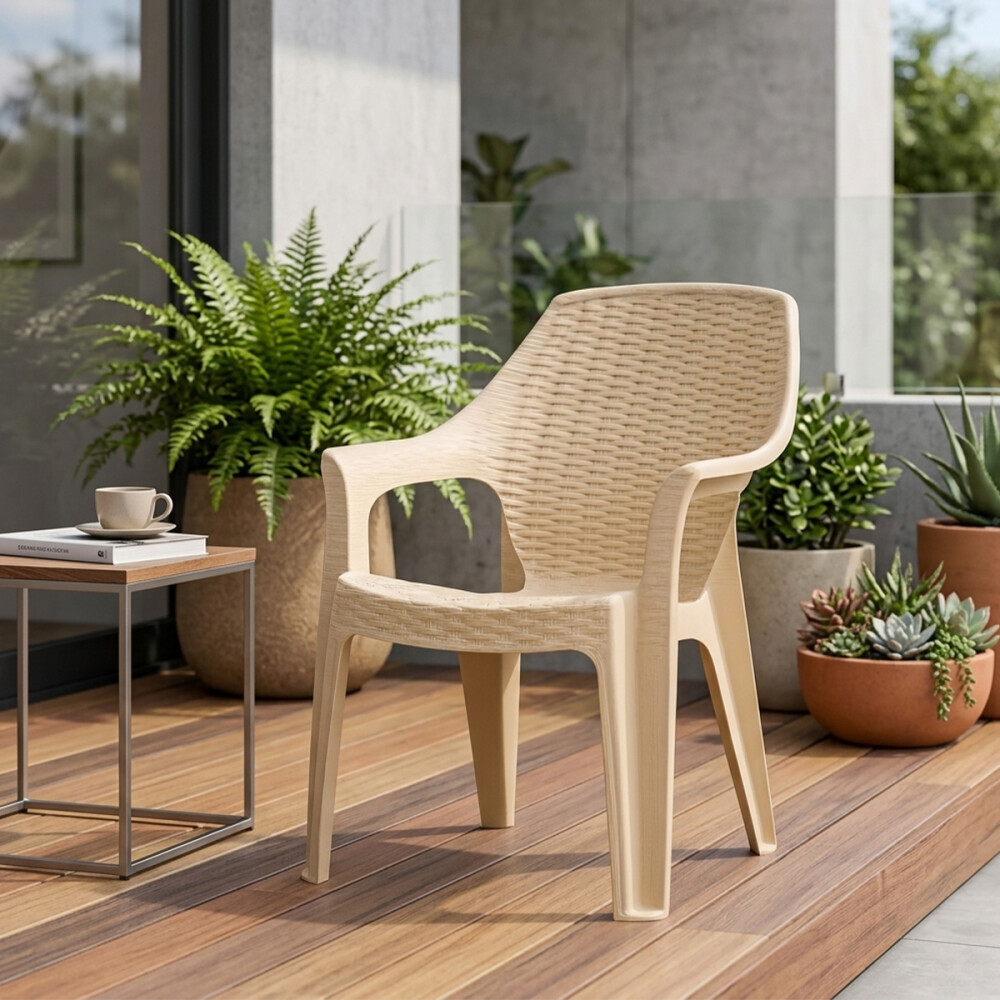 Silla De Plastico Con Posabrazos Apilable Beige