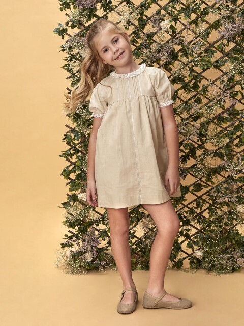 Vestidode Lino Con Tiras Bordadas Marron