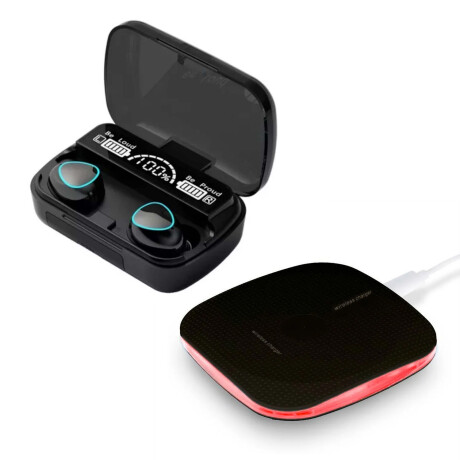 Set Auriculares Inalámbricos M10 BT + Cargador Pad Celular Negro