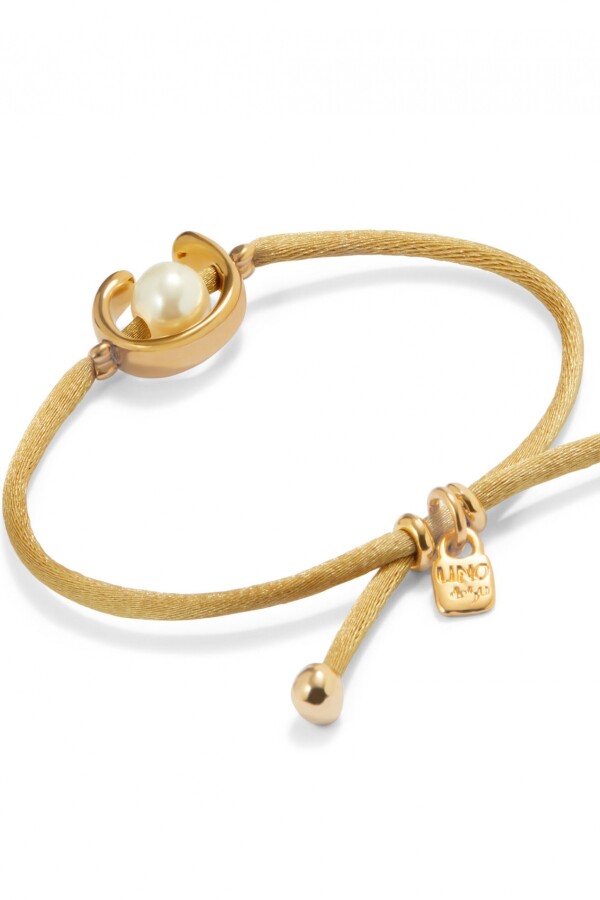 PULSERA DE HILO CAMEL CON PERLA SHELL FORNITURA BAÑADA EN ORO 18K. Pulsera