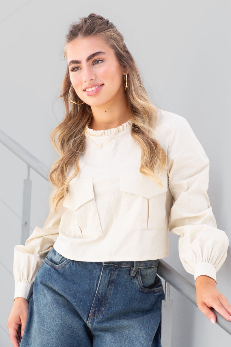 CAMISA C617/26 M/L CON BOLSILLO EN DELANTERO Y VOLADOS EN CUELLO - Beige 