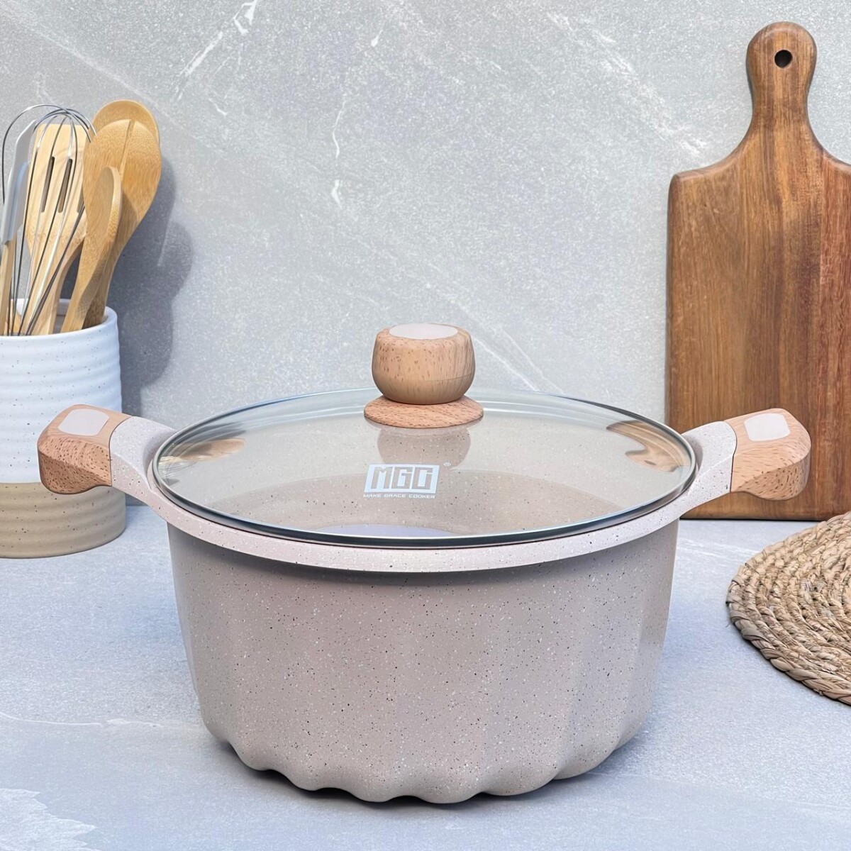 Olla Aluminio Fundido Presión Revestimiento Granito Tapa Vidrio 24cm 
