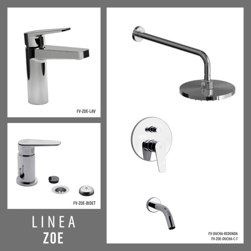 JUEGO COMPLETO CROMADO LINEA ZOE DUCHA EMBUTIDA CON TRANSF, BRAZO Y ROSETA REDONDA, LAVATORIO BAJO Y BIDET CON TRANSF. 000