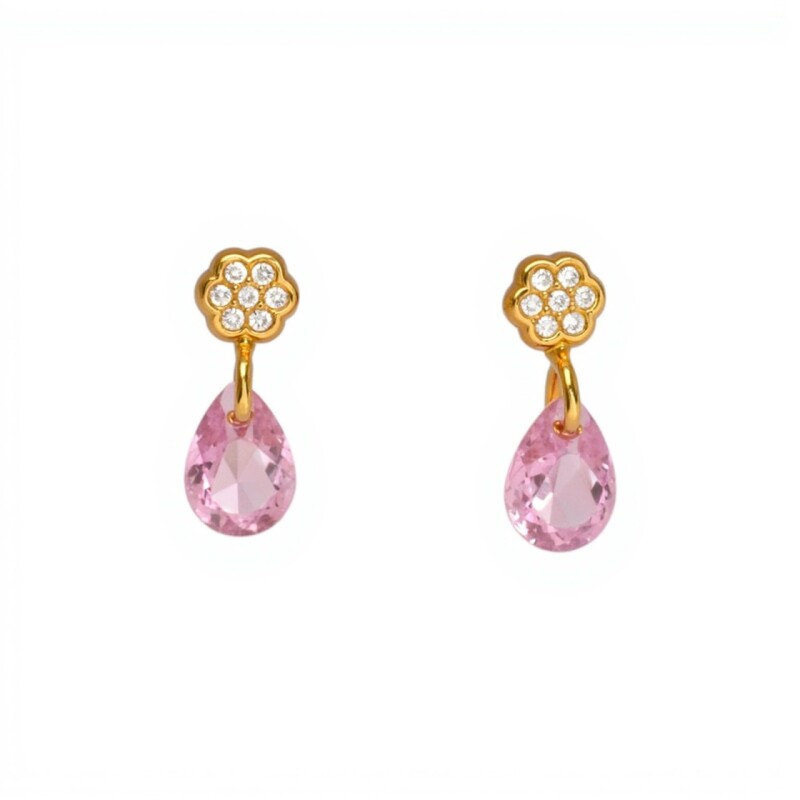 Caravanas Flor y Lagrima Zirconia rosa - Oro bajo - Zirconias rosa y blanca - CA8163 conpiedra