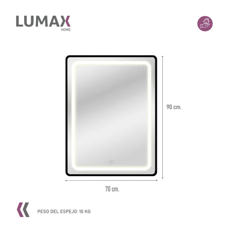 Espejo Vertical Lumax c/marco desempañador y Luz 90x70cm Negro