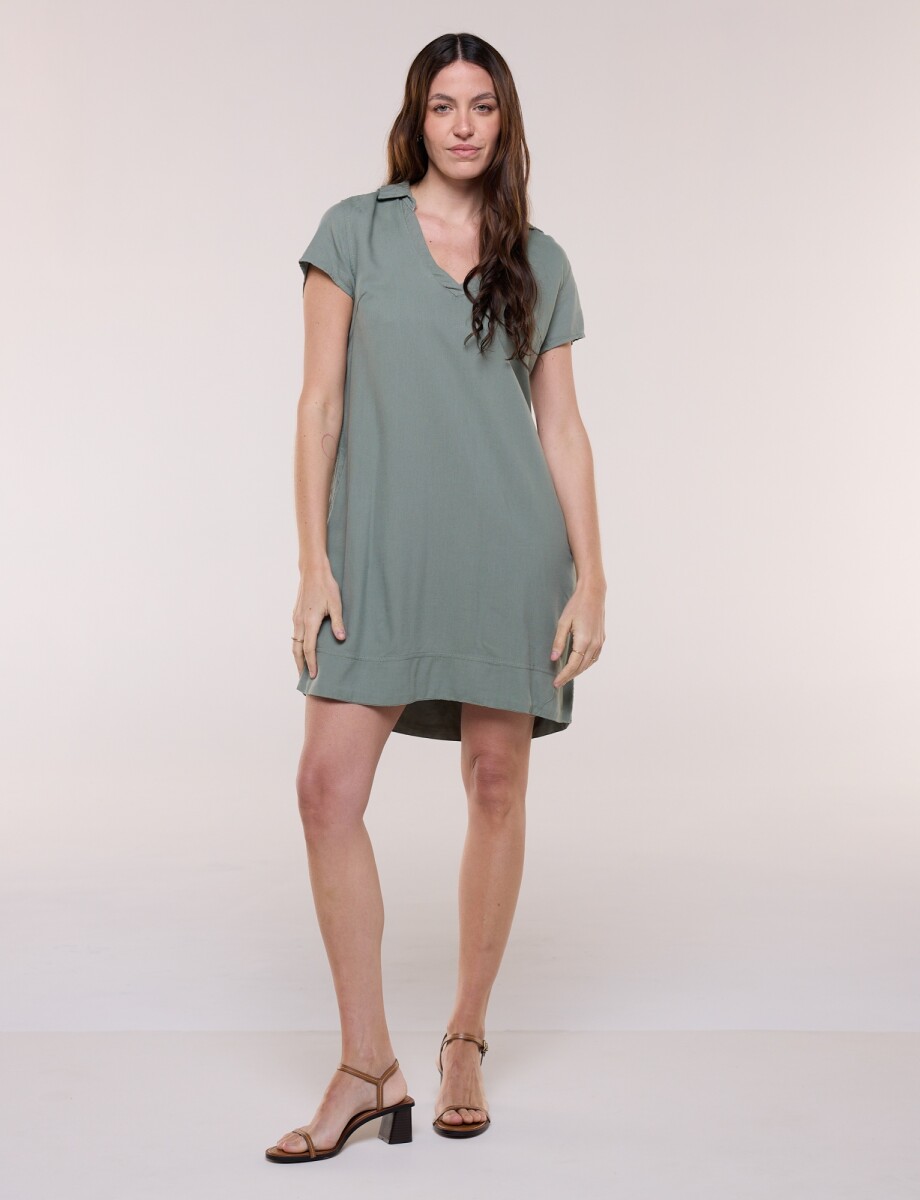 Vestido Corto Lino Cuello Camisa - Oliva 