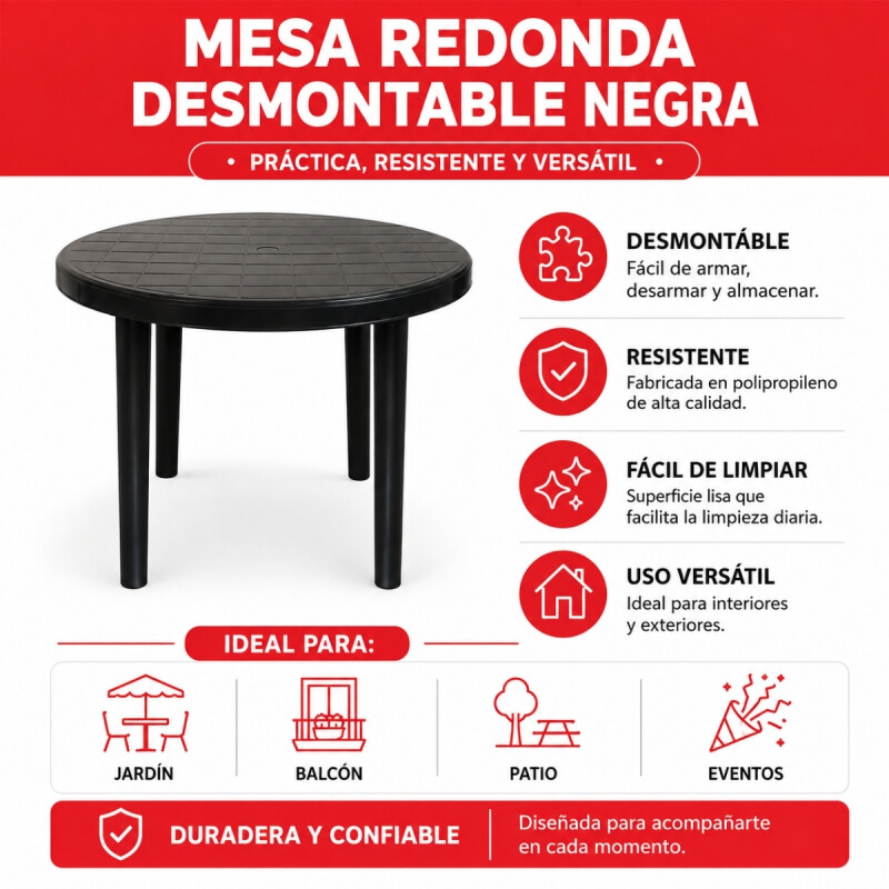 Mesa redonda con patas desmontables 95 cm NEGRO
