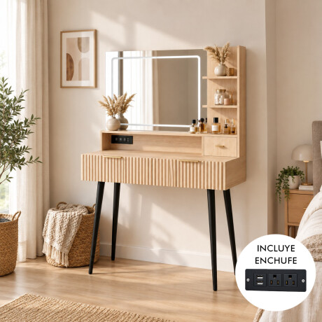 TOCADOR MAQUILLAJE MODERNO ESPEJO LUZ LED + ENCHUFE 3 CAJONES REPISAS ORGANIZADORAS PATAS METÁLICAS RÚSTICO