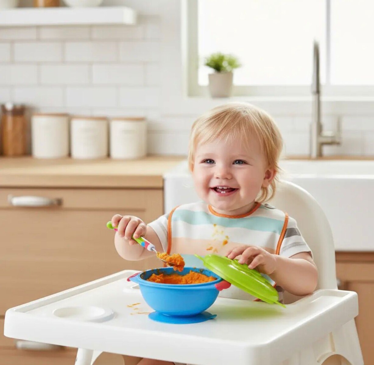 Plato con Ventosa Antidesliznate y Tapa Protectora - Celeste 