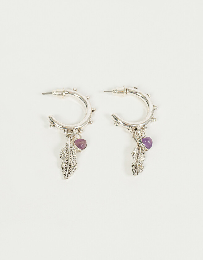 Aros Argollas Bañada en Plata Aros Argollas Corazón Amatista - Plateado