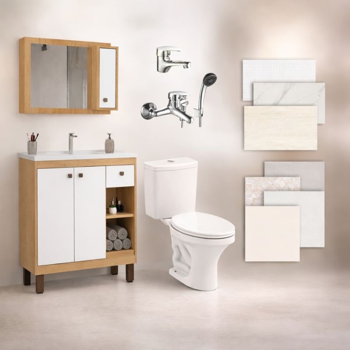 BAÑO COMPLETO N°5 INODORO CON MOCHILA + MUEBLE DE BAÑO 80 CM CON ESPEJO + GRIFERIA + CERAMICA DE PISO Y PARED 