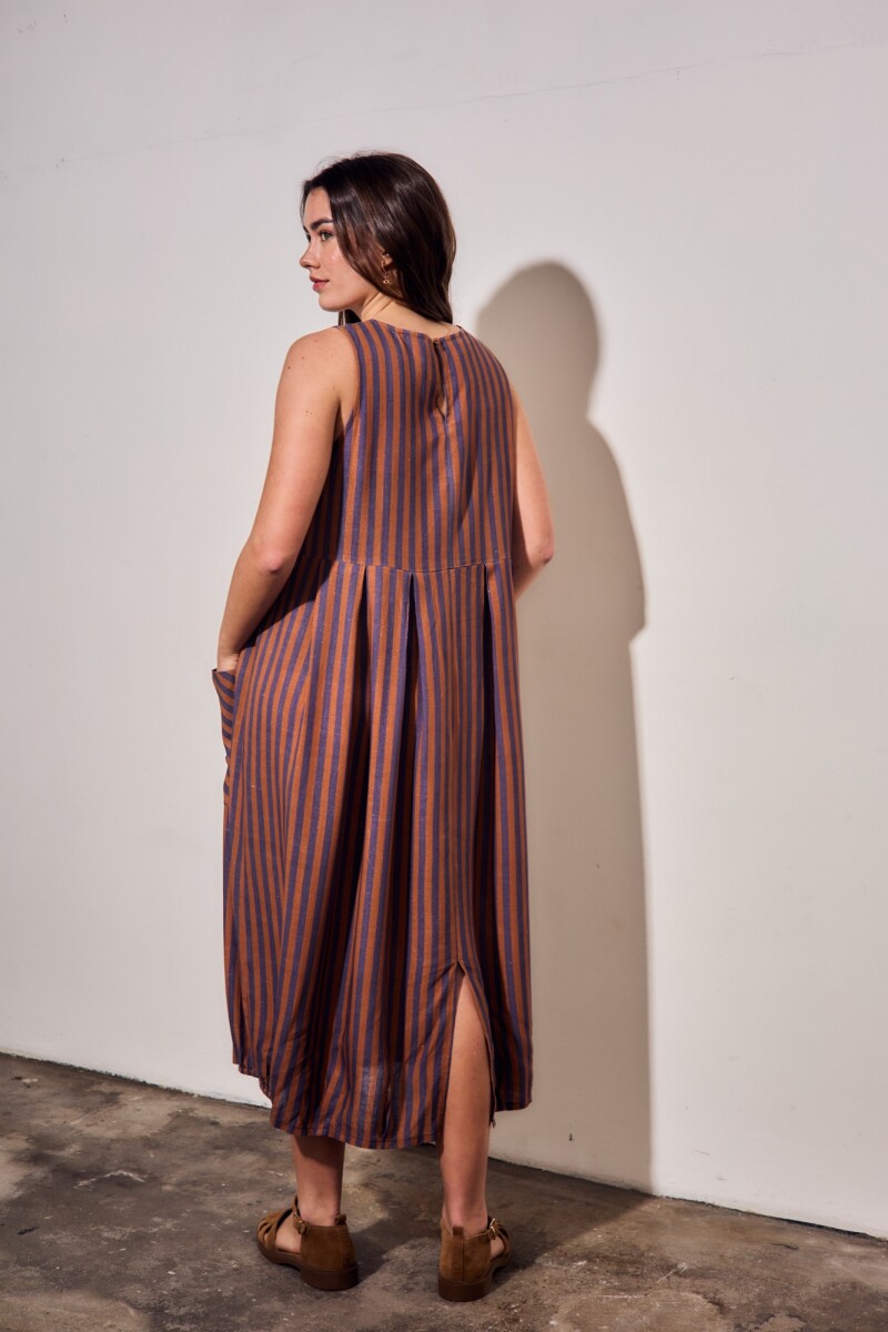 Vestido Rayado Con Lino Multi