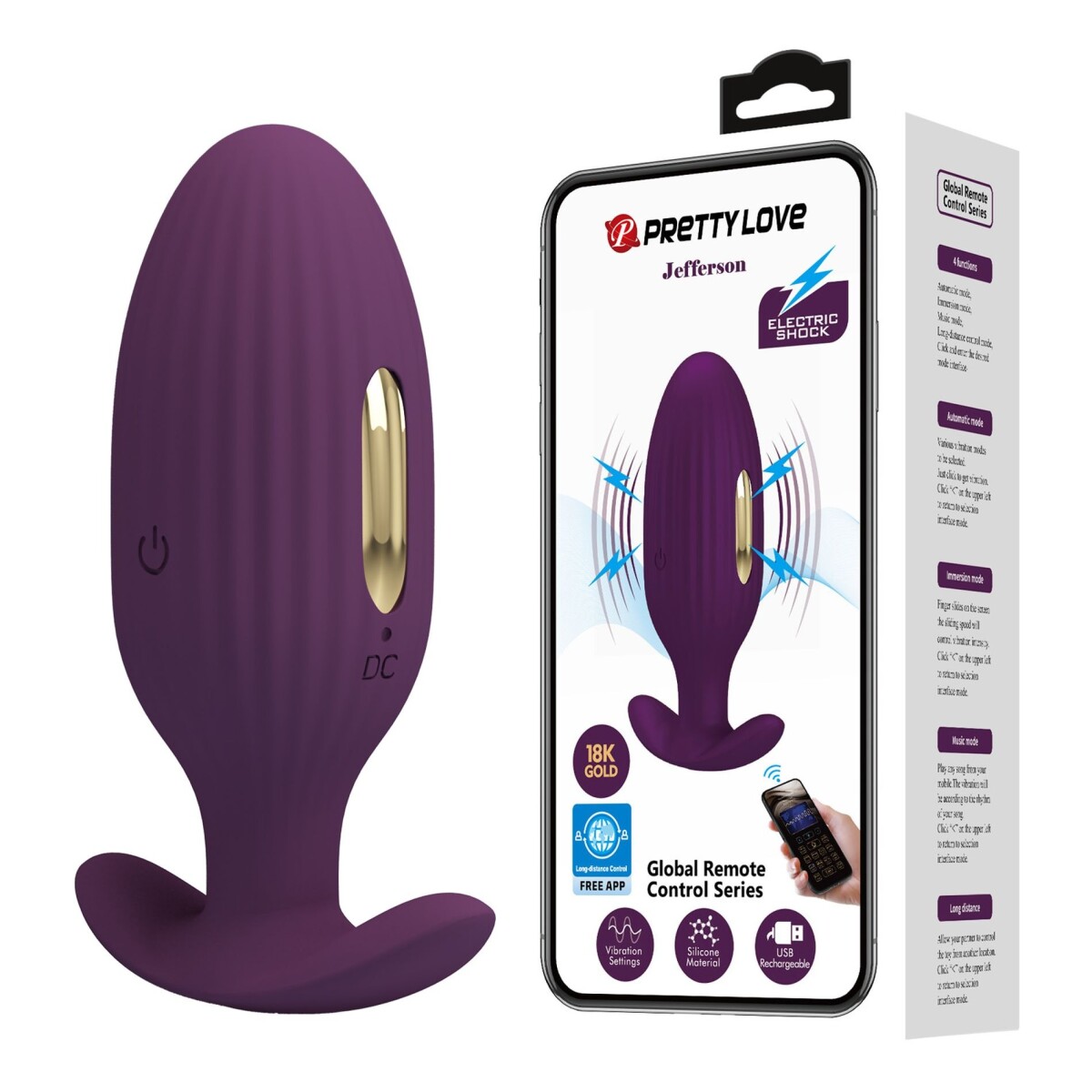 Jefferson Plug Anal Vibrador Electric Shock Bluetooth App - Violeta 