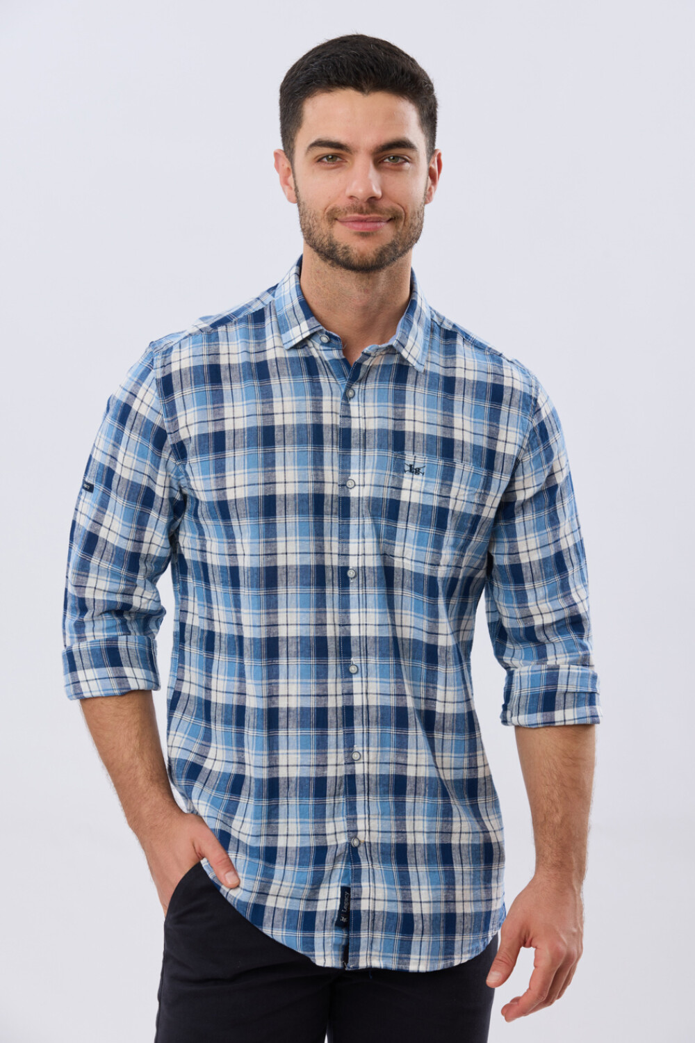 CAMISA CUADROS DE LINO Celeste