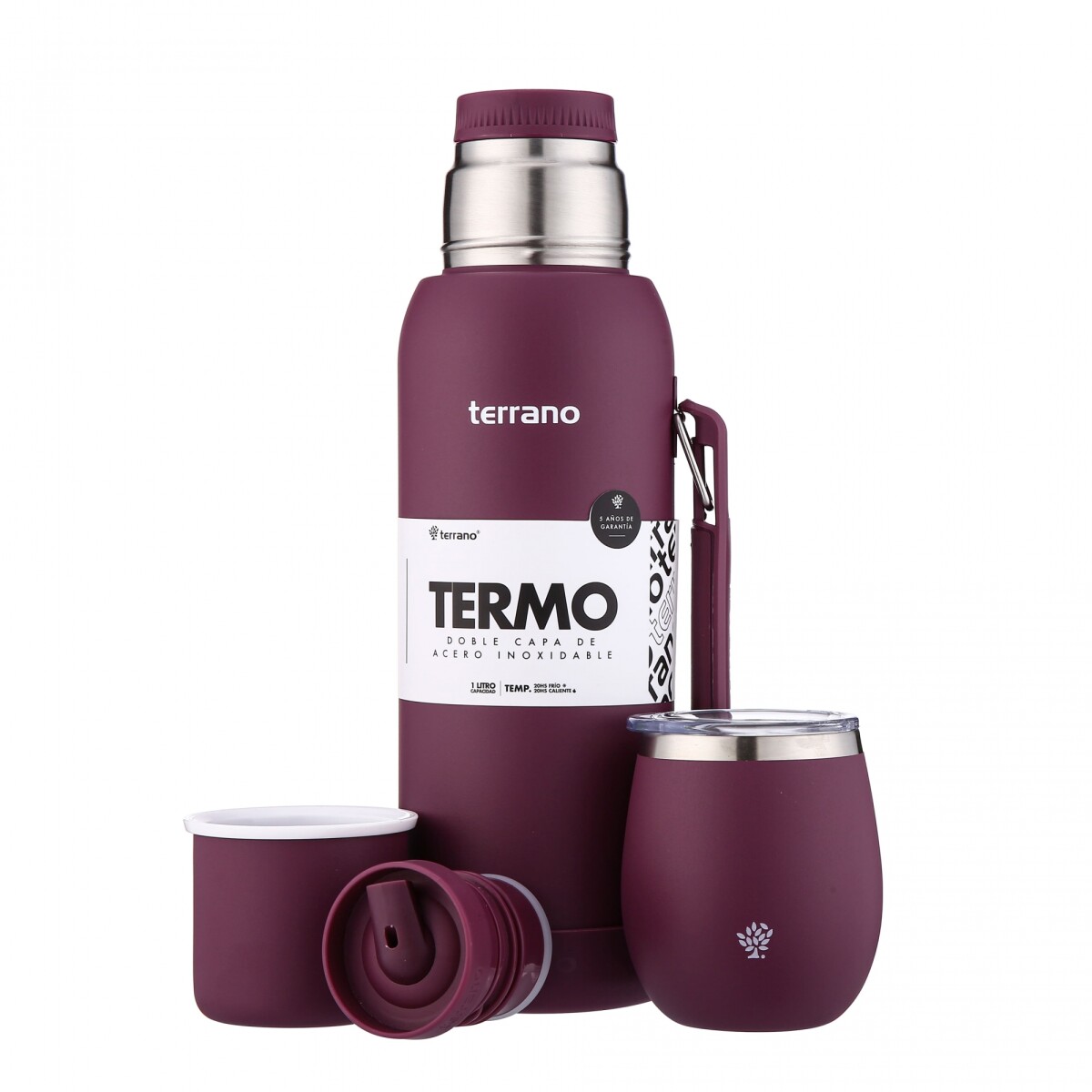 Kit Termo 1LT Con Base De Silicona + Mate De Acero Con Tapa - Uva 