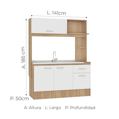 Kit de cocina compacta 4 puertas 1 cajón 141x50x185cm + Pileta Central Hormigón + Monocomando Carvale / Blanco