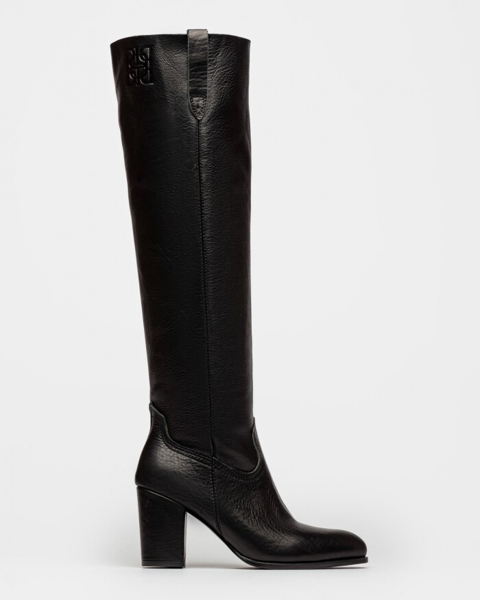 Bota Caña Alta Onassis En Cuero Graneado Negro
