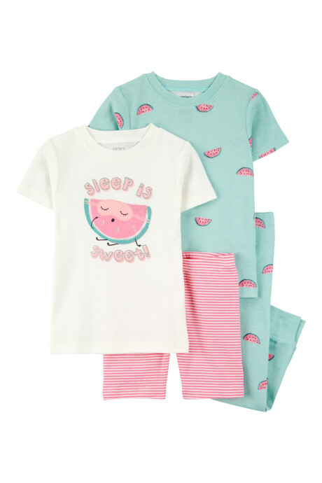 Pijama cuatro piezas de algodón, dos remeras, short y pantalón, diseño sandías Sin color