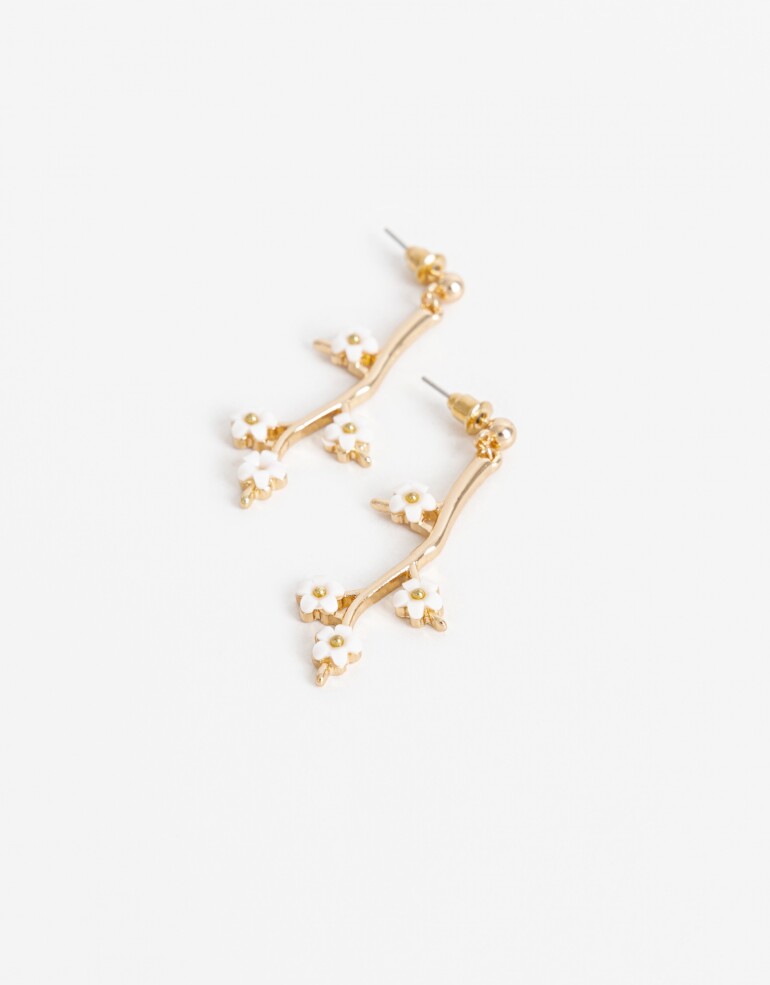 Aros Colgantes Largos Con Dijes Aros Colgantes Flor Esmaltada. - Dorado