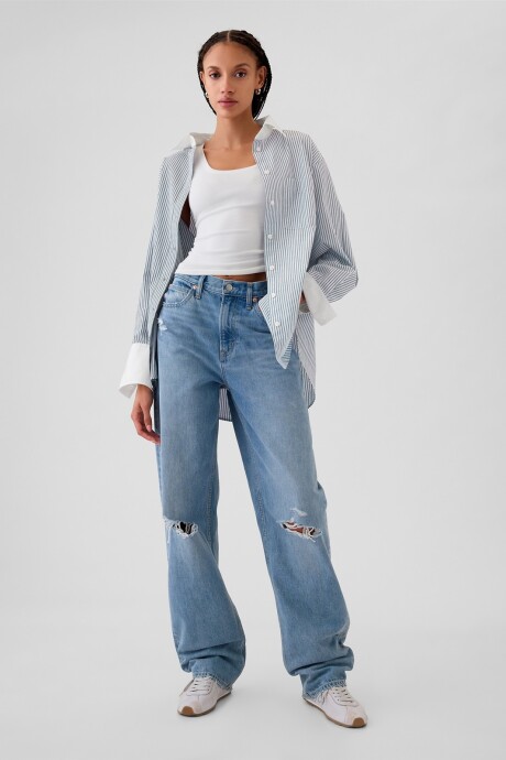 Camisa Big Shirt A Rayas Mujer Blue Green Stripe