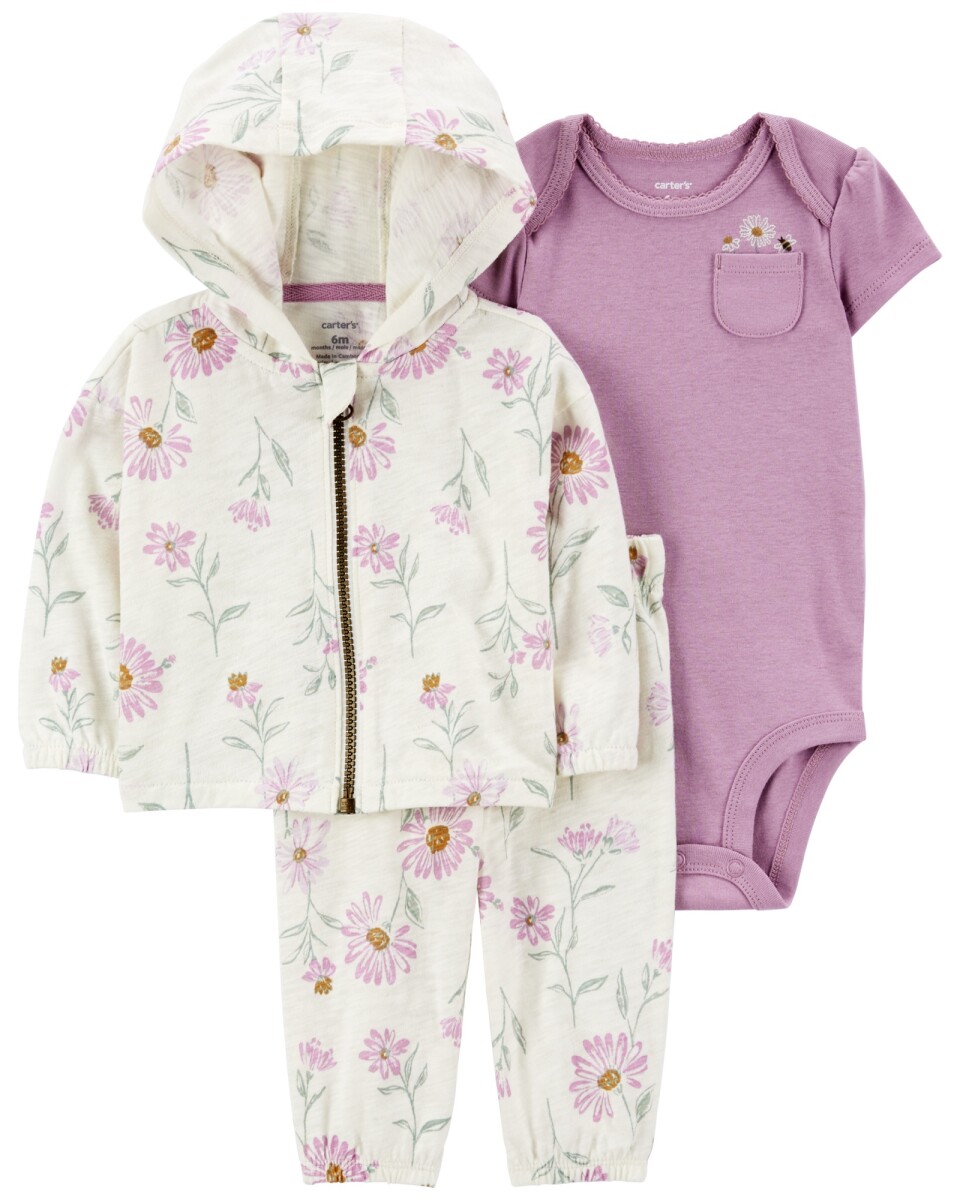 Set tres piezas de algodón, campera, pantalón y body, diseño floral 