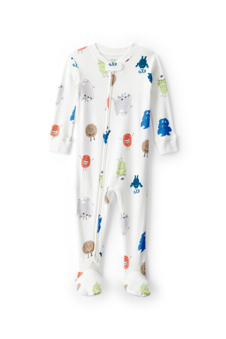 Pijama una pieza de algodón, con pie, blanco, diseño monstruos Sin color