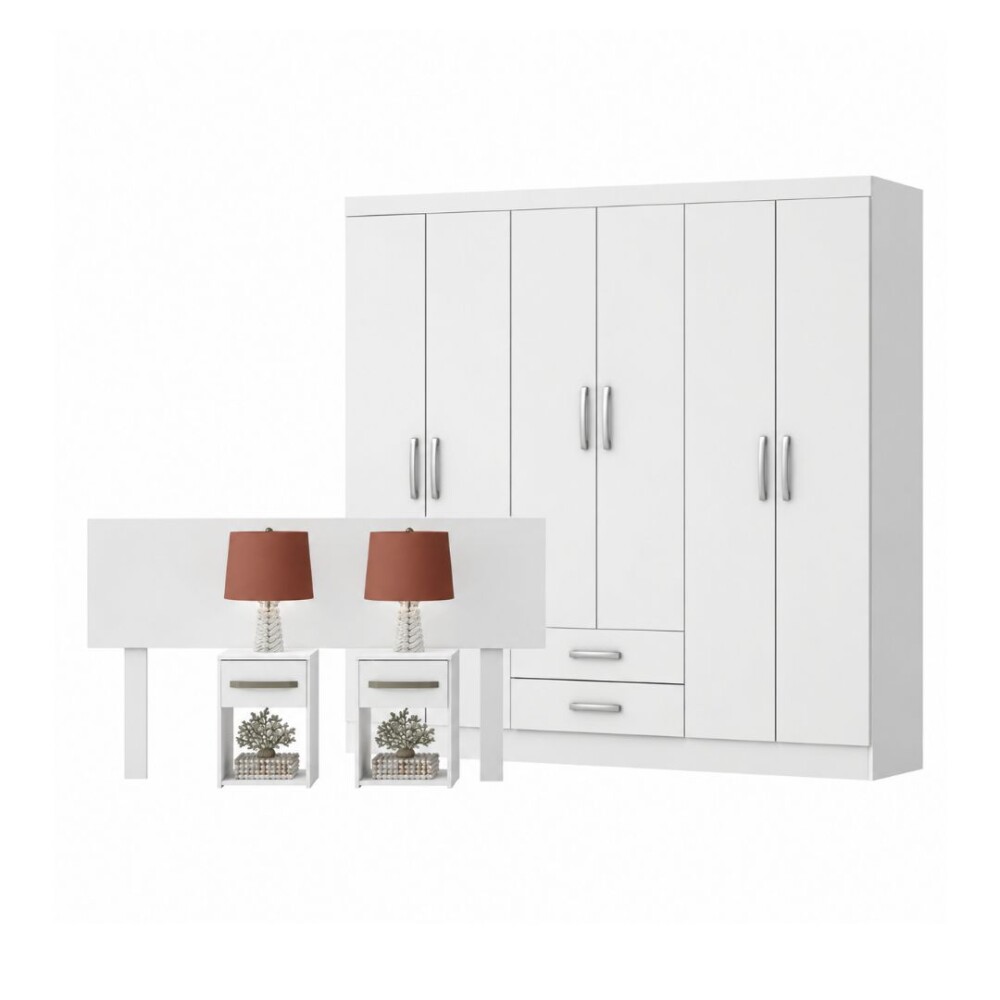 COMBO DORMITORIO - ROPERO PLUS 6 PUERTAS + RESPALDO CON 2 MESAS DE LUZ BLANCO