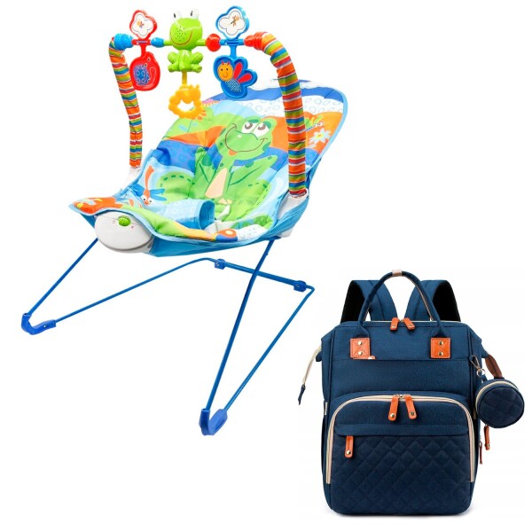 Silla Mecedora Bouncer Bebé + Mochila Maternal Impermeable Variante Color Celeste Azul