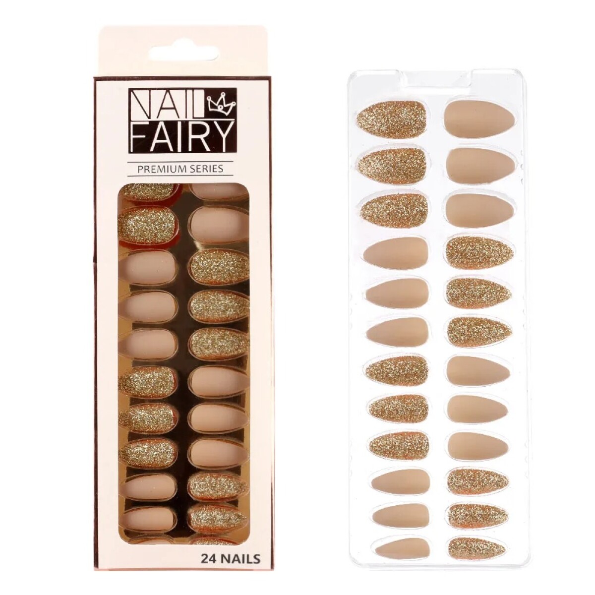 Set De Uñas Postizas Lisa Punta Ballerina Brillos - Dorado 