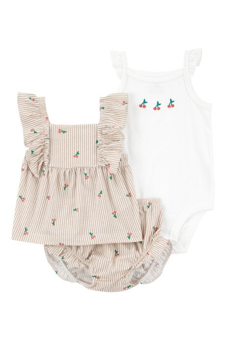 Set tres piezas de algodón, short, musculosa y body, diseño cerezas Set tres piezas de algodón, short, musculosa y body, diseño cerezas