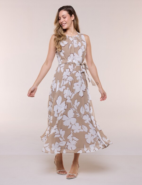 Vestido De Gasa Plisado Con Lazo BEIGE