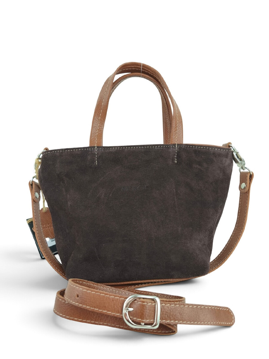Cartera balde chica en cuero y gamuza - Chocolate 